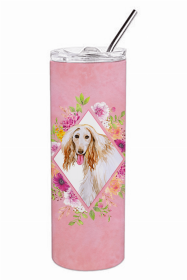 Afghan Hound Pink Flowers Double Walled Stainless Steel Travel Mug