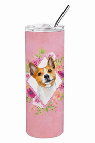Basenji Pink Flowers Double Walled Stainless Steel Travel Mug