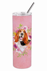 Basset Hound Pink Flowers Double Walled Stainless Steel Travel Mug