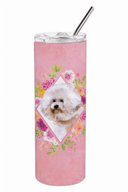 Bichon Frise #1 Pink Flowers Double Walled Stainless Steel Travel Mug