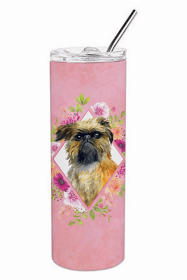 Brussels Griffon Pink Flowers Double Walled Stainless Steel Travel Mug