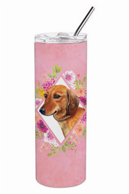 Dachshund - Red #1 - Pink Flowers Double Walled Stainless Steel Travel Mug