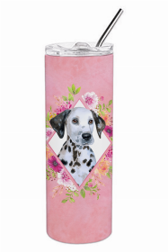 Dalmatian - Puppy - Pink Flowers Double Walled Stainless Steel Travel Mug