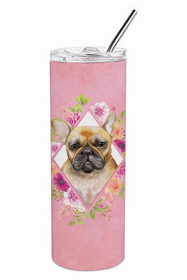 French Bulldog - Fawn #2 - Pink Flowers Double Walled Stainless Steel Travel Mug
