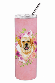 Golden Retriever Pink Flowers Double Walled Stainless Steel Travel Mug