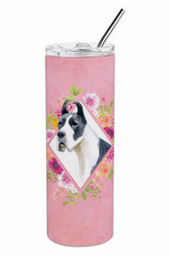 Great Dane Pink Flowers Double Walled Stainless Steel Travel Mug