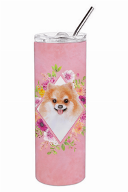 Pomeranian #1 Pink Flowers Double Walled Stainless Steel Travel Mug