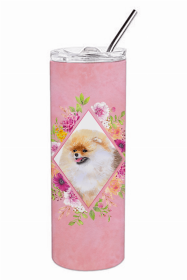 Pomeranian #2 Pink Flowers Double Walled Stainless Steel Travel Mug