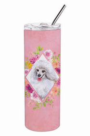 Poodle - Mini - White - Pink Flowers Double Walled Stainless Steel Travel Mug