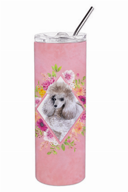 Poodle - Standard - Grey - Pink Flowers Double Walled Stainless Steel Travel Mug