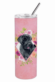 Giant Schnauzer Pink Flowers Double Walled Stainless Steel Travel Mug