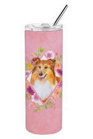 Sheltie/Shetland Sheepdog Pink Flowers Double Walled Stainless Steel Travel Mug