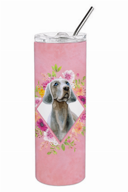 Weimaraner Pink Flowers Double Walled Stainless Steel Travel Mug