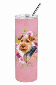 Welsh Terrier Pink Flowers Double Walled Stainless Steel Travel Mug