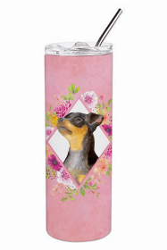 Min Pin - Black - Pink Flowers Double Walled Stainless Steel Travel Mug