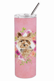 Yorkie Pink Flowers Double Walled Stainless Steel Travel Mug