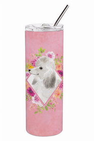 Poodle - Standard - White 1 - Pink Flowers Double Walled Stainless Steel Travel Mug