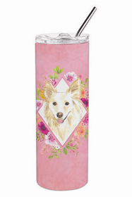 Collie - White - Pink Flowers Double Walled Stainless Steel Travel Mug