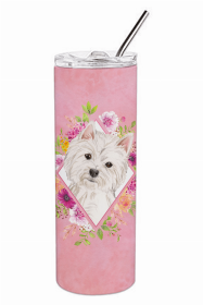 West Highland White Terrier 1 Pink Flowers Double Walled Stainless Steel Travel Mug