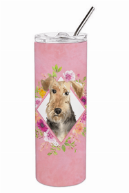 Airedale Terrier Pink Flowers Double Walled Stainless Steel Travel Mug
