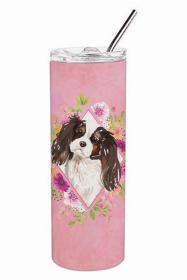 Cavalier King Charles Spaniel - Tricolor - Pink Flowers Double Walled Stainless Steel Travel Mug