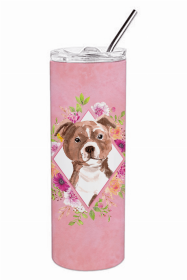 Staffordshire Bull Terrier Pink Flowers Double Walled Stainless Steel Travel Mug