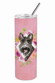 Scottish Terrier Pink Flowers Double Walled Stainless Steel Travel Mug