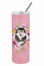 Alaskan Malamute 1 Pink Flowers Double Walled Stainless Steel Travel Mug