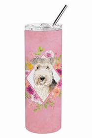 Lakeland Terrier Pink Flowers Double Walled Stainless Steel Travel Mug