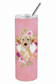 Labrador Retriever - Yellow 1 - Pink Flowers Double Walled Stainless Steel Travel Mug