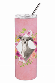 Italian Greyhound 1 Pink Flowers Double Walled Stainless Steel Travel Mug