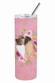 Great Dane - Fawn - Pink Flowers Double Walled Stainless Steel Travel Mug