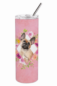 French Bulldog - Fawn 1 - Pink Flowers Double Walled Stainless Steel Travel Mug