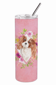 Cavalier King Charles Spaniel - Blenheim - Pink Flowers Double Walled Stainless Steel Travel Mug