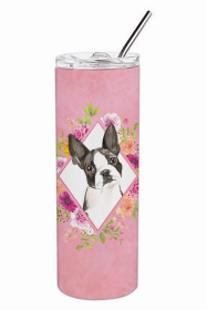 Boston Terrier Pink Flowers Double Walled Stainless Steel Travel Mug