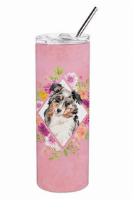 Australian Shepherd Pink Flowers Double Walled Stainless Steel Travel Mug