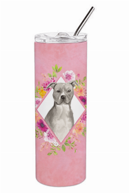 Pit Bull Terrier - Blue Pink Flowers Double Walled Stainless Steel Travel Mug