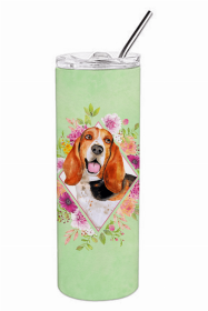 Basset Hound Green Flowers Double Walled Stainless Steel Travel Mug