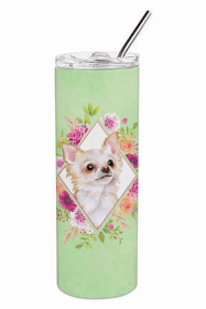 Chihuahua - Longhair - Green Flowers Double Walled Stainless Steel Travel Mug