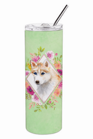 Siberian Husky - Red - Green Flowers Double Walled Stainless Steel Travel Mug