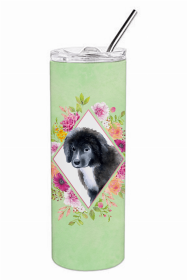 Newfoundland - Puppy - Green Flowers Double Walled Stainless Steel Travel Mug