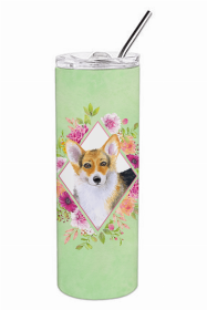 Corgi Green Flowers Double Walled Stainless Steel Travel Mug