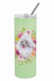 Poodle - Mini - White - Green Flowers Double Walled Stainless Steel Travel Mug