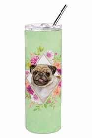 Pug - Fawn - Green Flowers Double Walled Stainless Steel Travel Mug