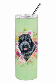 Black Russian Terrier Green Flowers Double Walled Stainless Steel Travel Mug