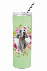 Weimaraner Green Flowers Double Walled Stainless Steel Travel Mug