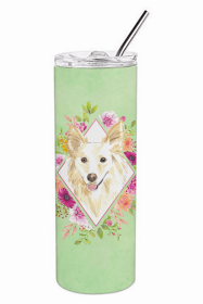 Collie - White - Green Flowers Double Walled Stainless Steel Travel Mug