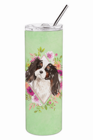 Cavalier King Charles Spaniel - Tricolor - Green Flowers Double Walled Stainless Steel Travel Mug