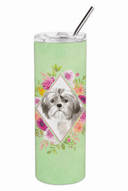Shih Tzu - Puppy - Green Flowers Double Walled Stainless Steel Travel Mug