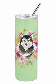 Alaskan Malamute 1 Green Flowers Double Walled Stainless Steel Travel Mug